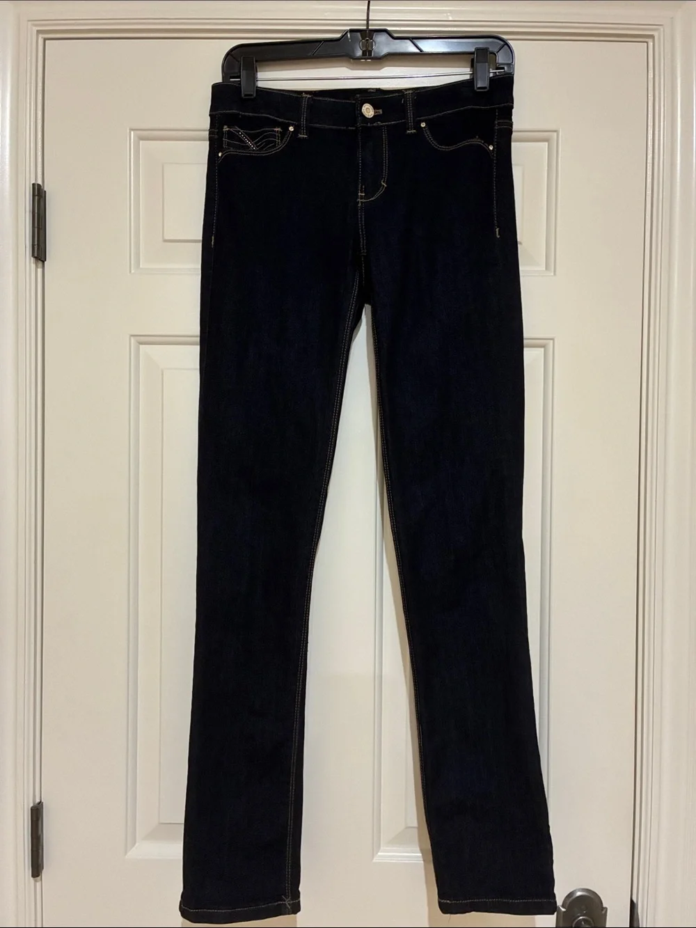 WHBM slim leg, rhinestone pocket jeans